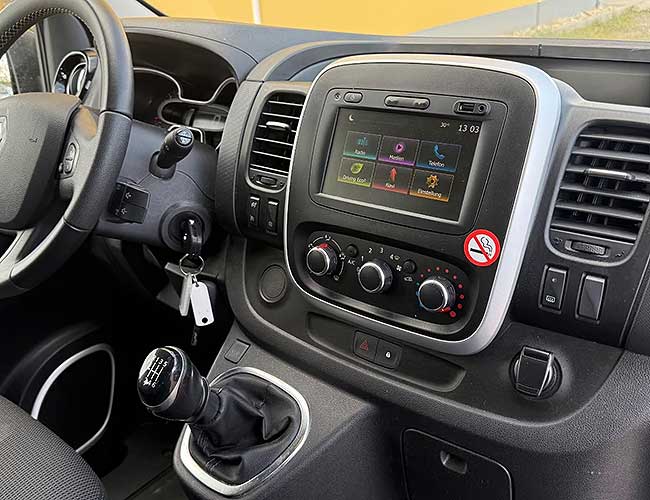 Renault Trafic dashboard with touchscreen infotainment and manual gearshift