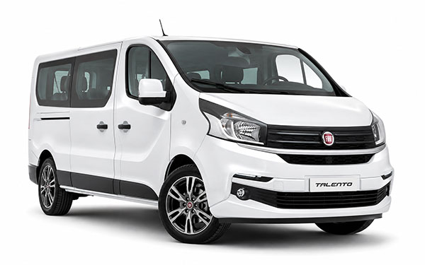 White Fiat Talento minibus for group transfers to Bulgarian ski resorts, seats up to 8
